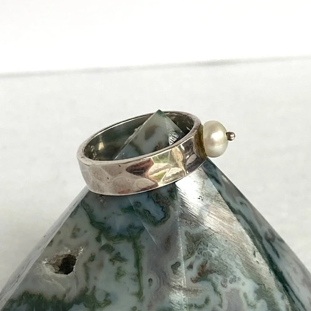 Sterling Silver 925 GA 5MM Hammered Genuine White Pearl Band Ring Sz 6.5